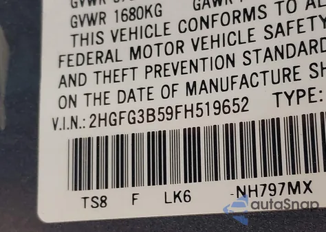 2015 Honda Civic Lx из США, поврежденный, VIN 2HGFG3B59FH519652